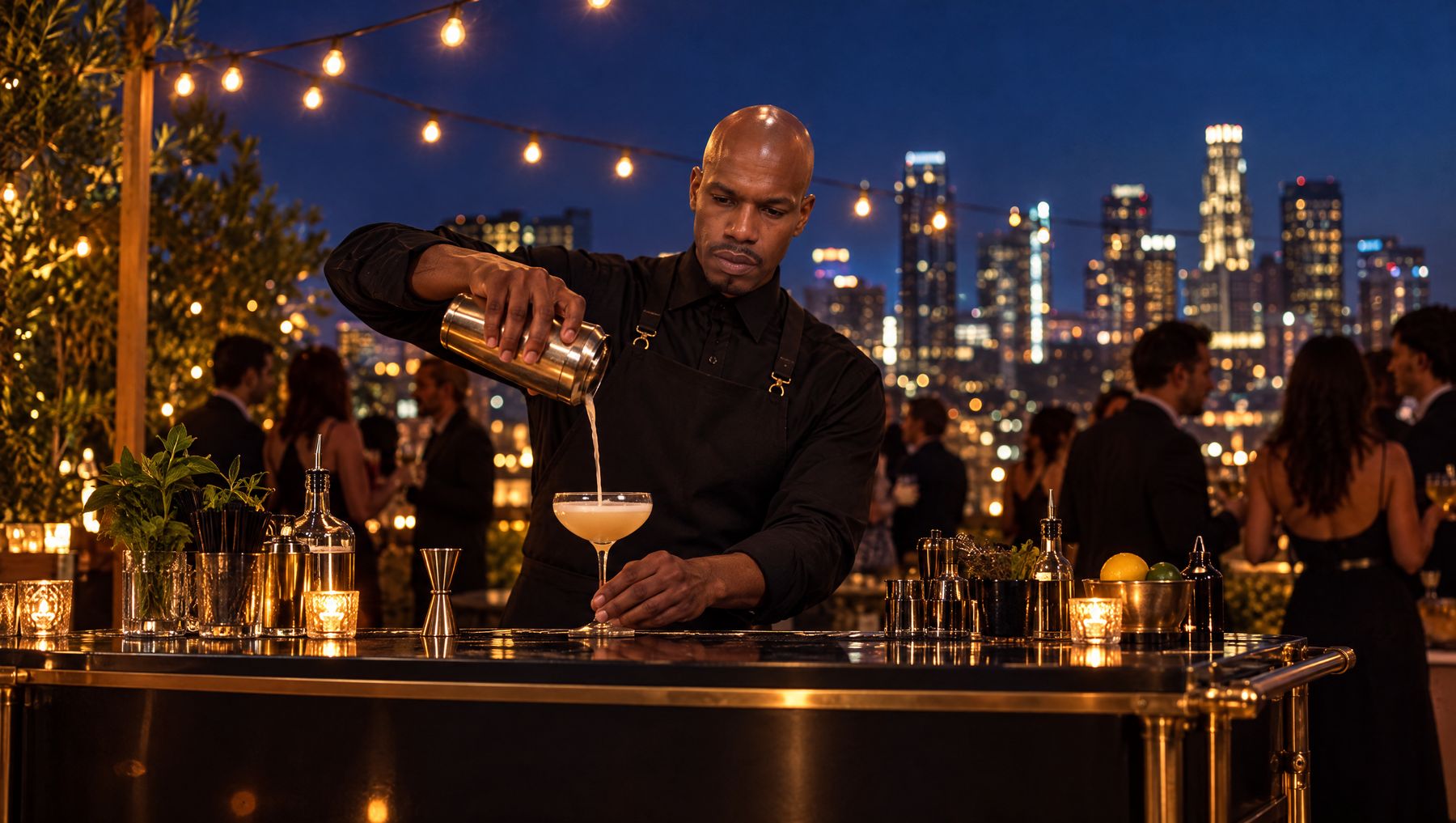 Shane pouring a cocktail at a rooftop bar